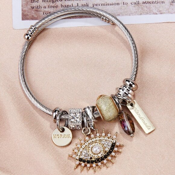 Women Exquisite Rhinestone Evil Eye Pendant Charm Bracelet - Picture 1 of 2